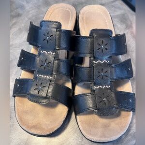 Black Triple-Strap, adjustable Perforated Slide Sandals